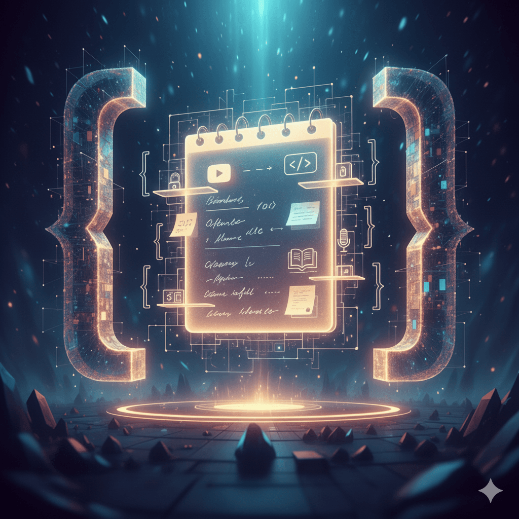 BracketNotes dashboard showing personalized memo generation from YouTube videos with glowing bracket elements and digital notepad interface